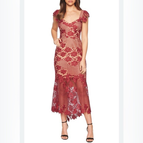 Bardot Dresses & Skirts - Bardot feminine whimsical  fairy Burgundy Lace romantic, formal Midi Dress